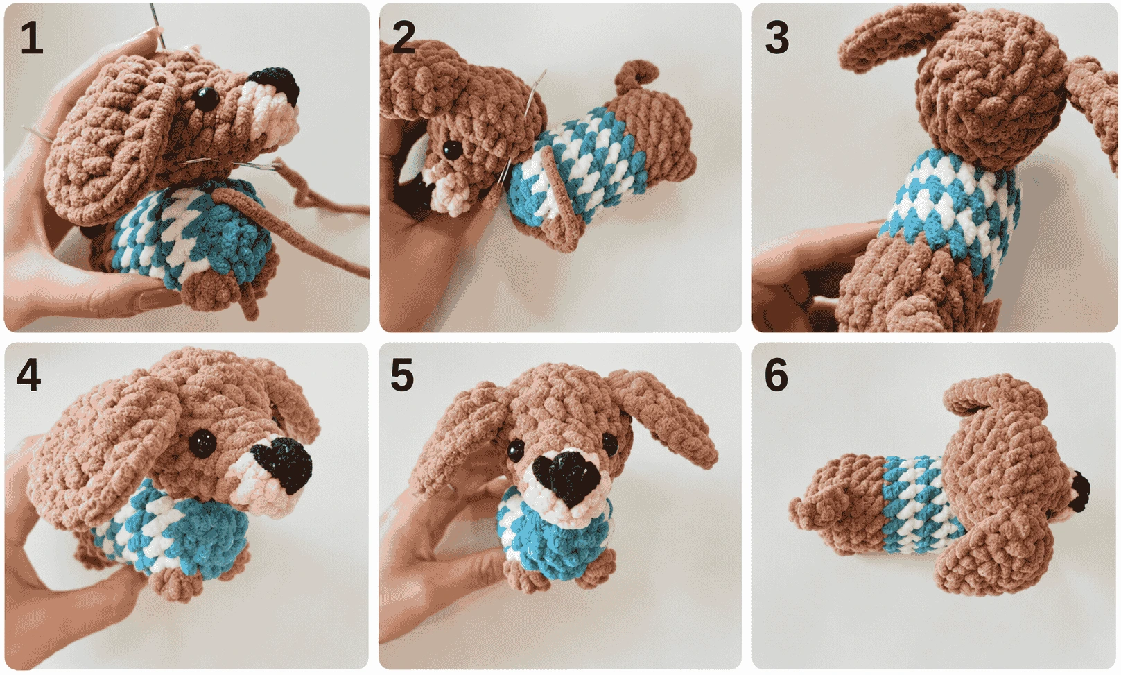 Six photos showing the dachshund’s ears and head being sewn to the brown, green, and white striped body, followed by front and side views of the finished crochet puppy.