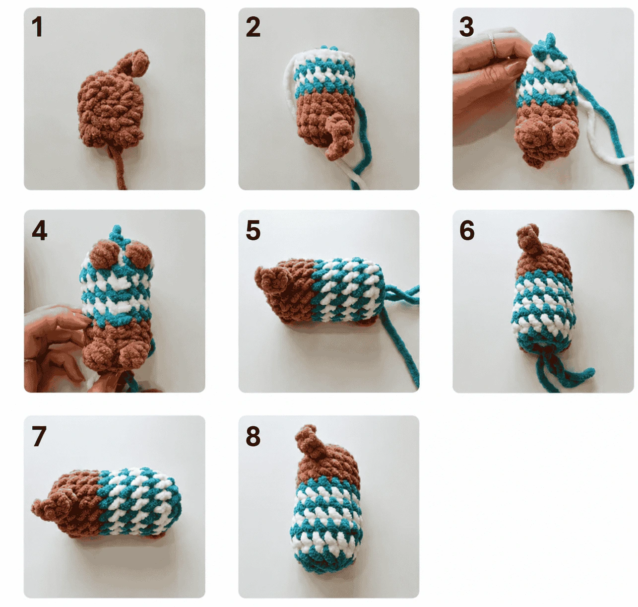 Eight-step photo sequence showing the finished brown dachshund body with Mallard green and white striped sweater section and bobble-textured paws.