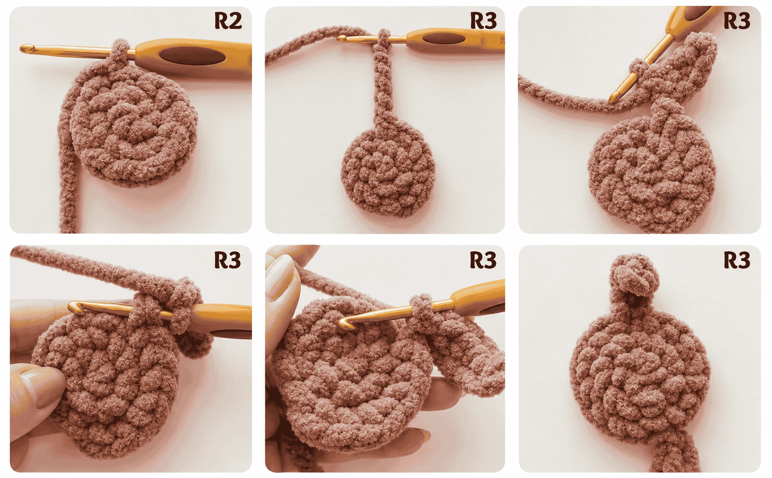 Dachshund Dog Crochet Pattern: six-photo crochet sequence showing the brown body beginning with a magic ring, a rounded base, and the chain tail formed in round three.