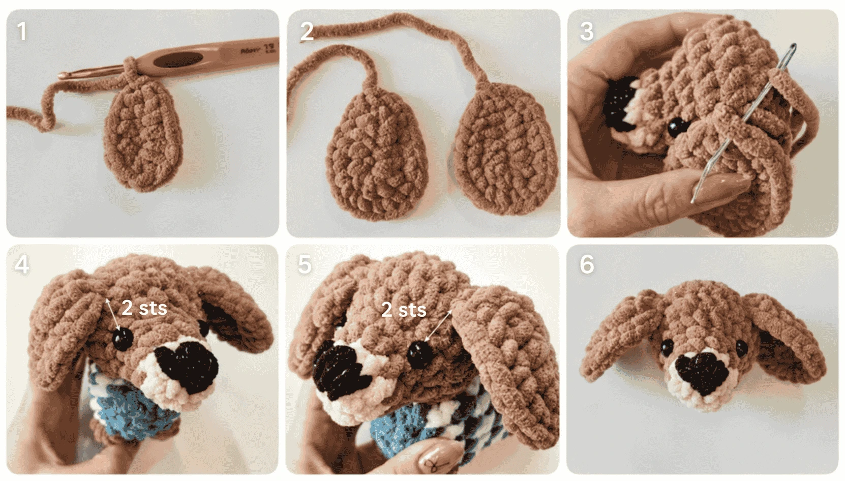 Six-step photo sequence showing two crocheted brown floppy ears, their sewing placement beside the dachshund eyes, and the finished front view.