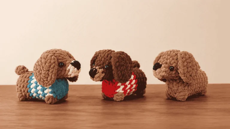 Three finished plush crochet dachshund puppies in brown yarn, including one wearing a blue and white striped sweater.