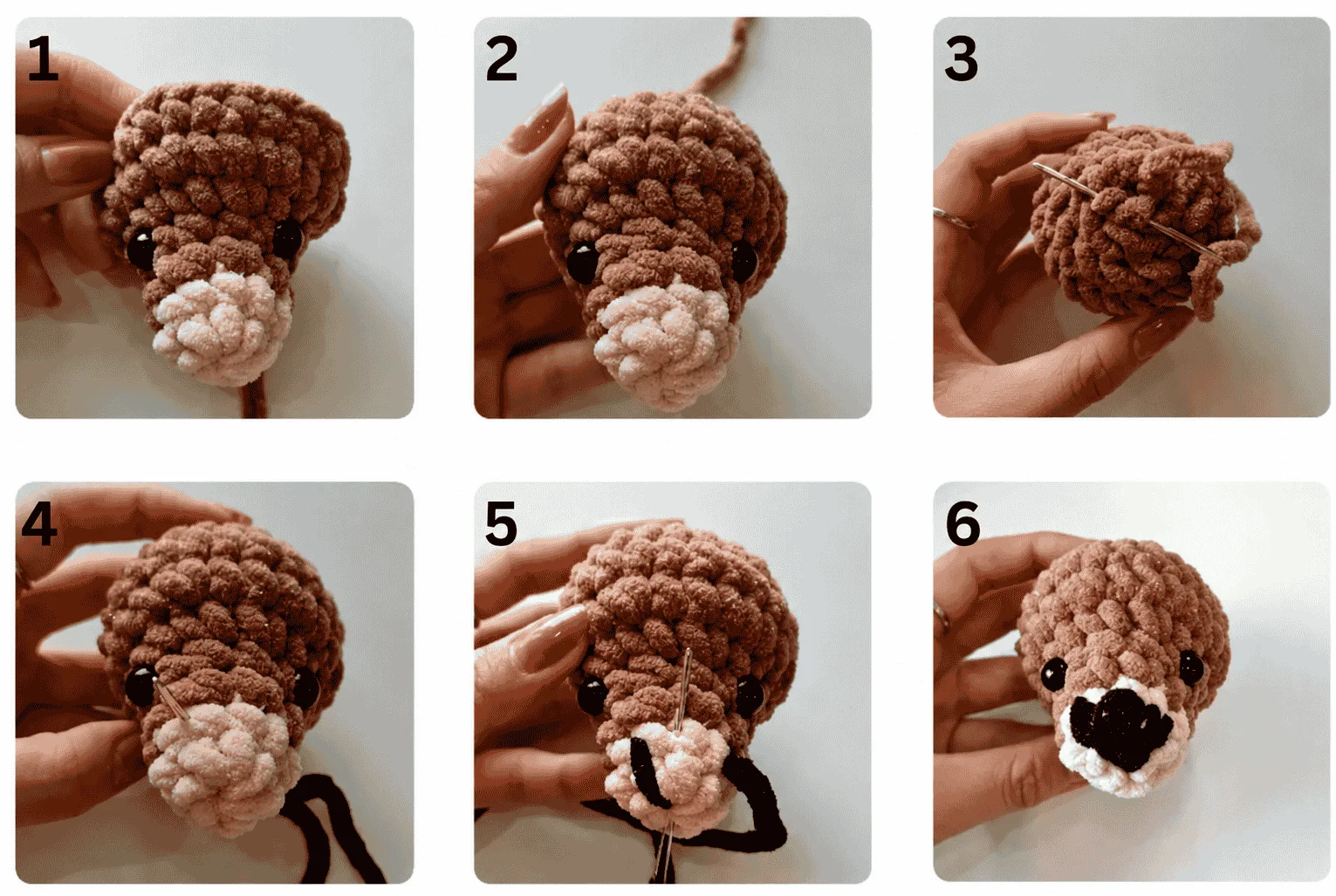 Six-step photo collage of a plush brown dachshund head with beige muzzle, safety eyes, and embroidered black triangle nose.