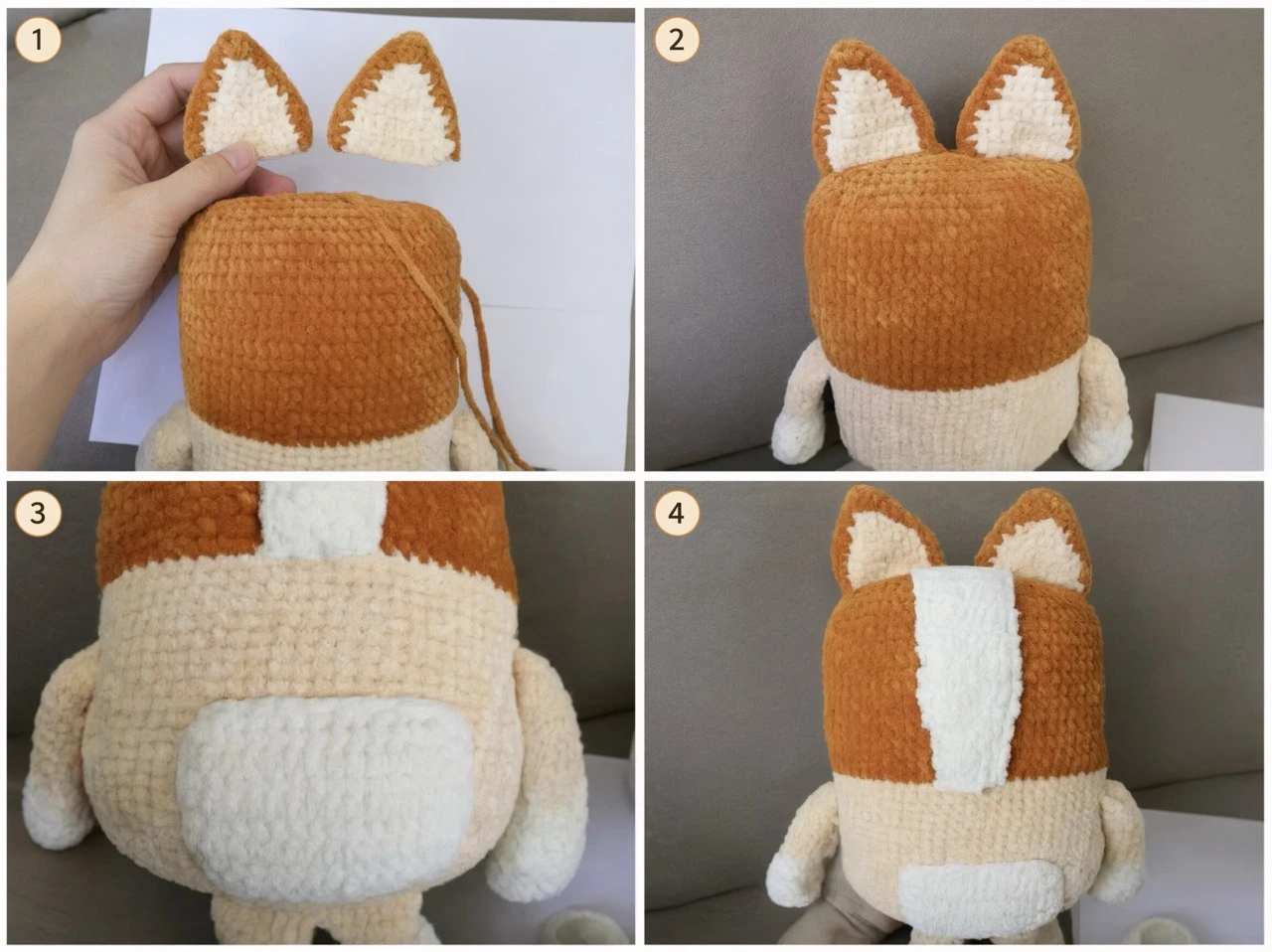 Finished Bluey and Bingo crochet plush face and body assembly reference