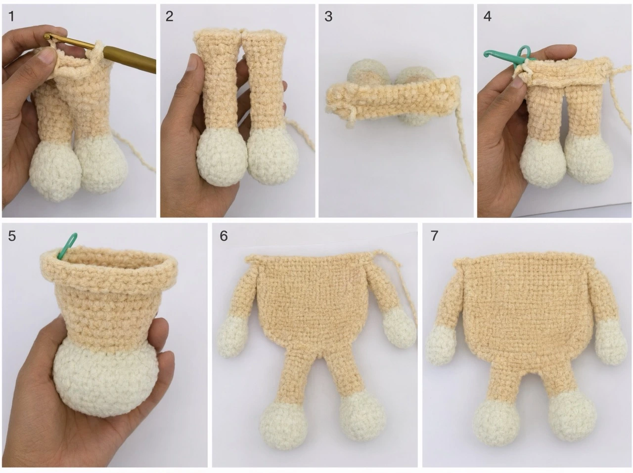 Crochet Bluey and Bingo body with legs positioned for joining