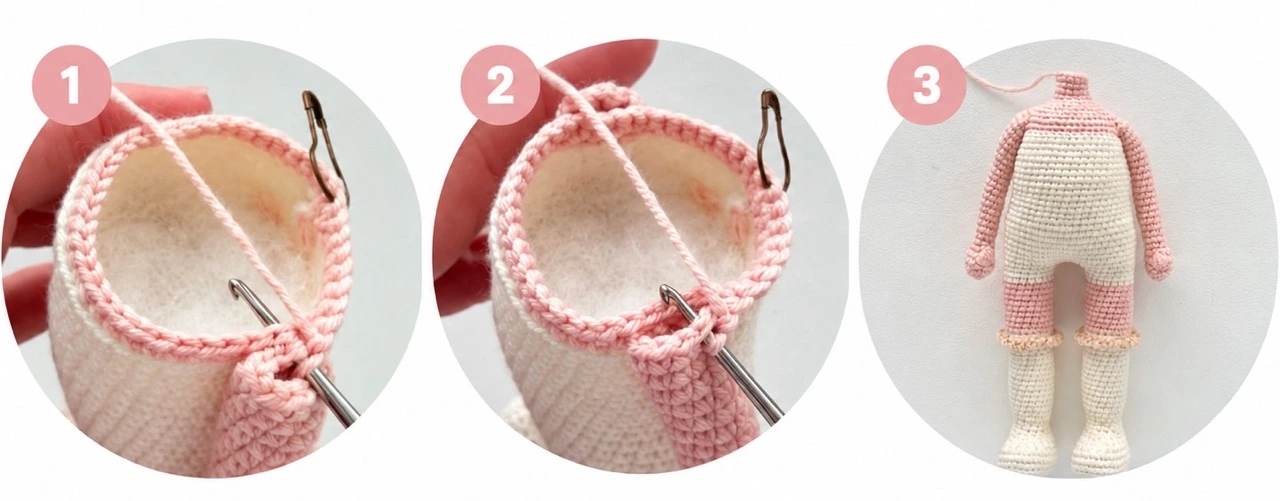 Crochet pattern pumpkin doll body construction in progress