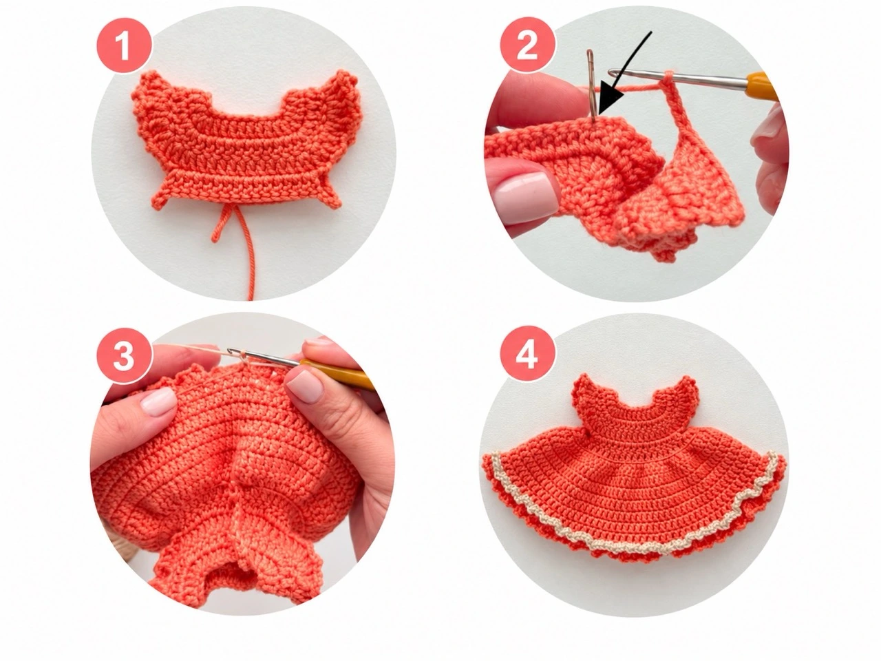 Crochet pumpkin doll ruffled dress and petticoat step