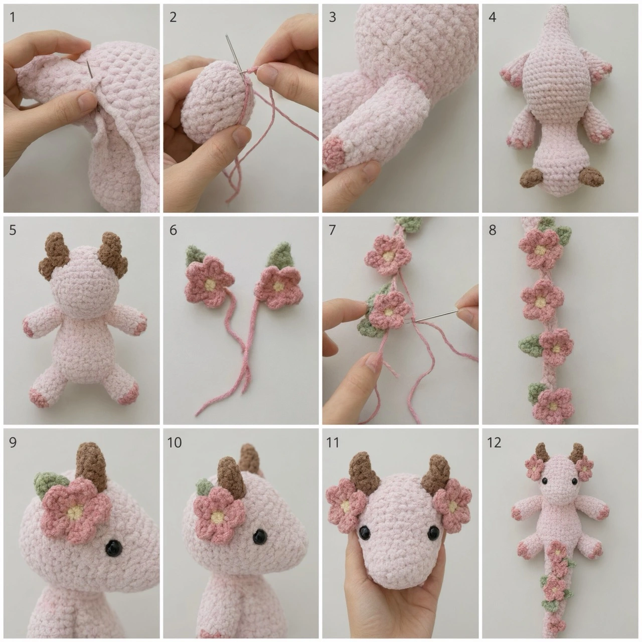 Finished crochet flower dragon assembly reference with flowers wings and tail