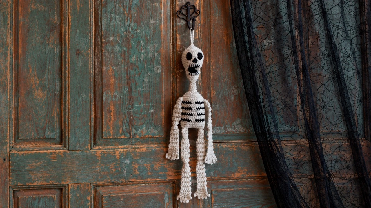 Crochet hanging skeleton pattern on a rustic front door