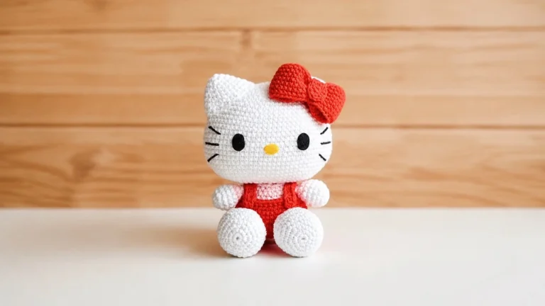 Finished crochet Hello Kitty amigurumi doll with a red bow and red overalls on a wooden background.