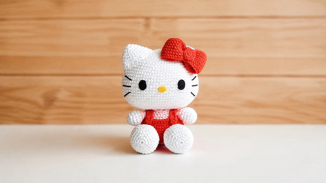 Finished crochet Hello Kitty amigurumi doll with a red bow and red overalls