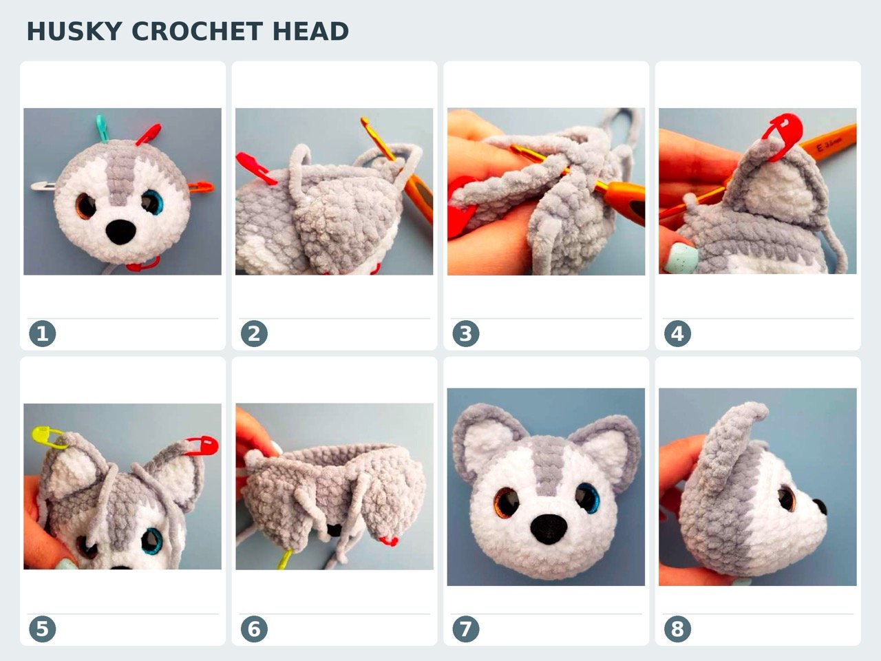 Crochet husky amigurumi pattern head rounds and ear placement