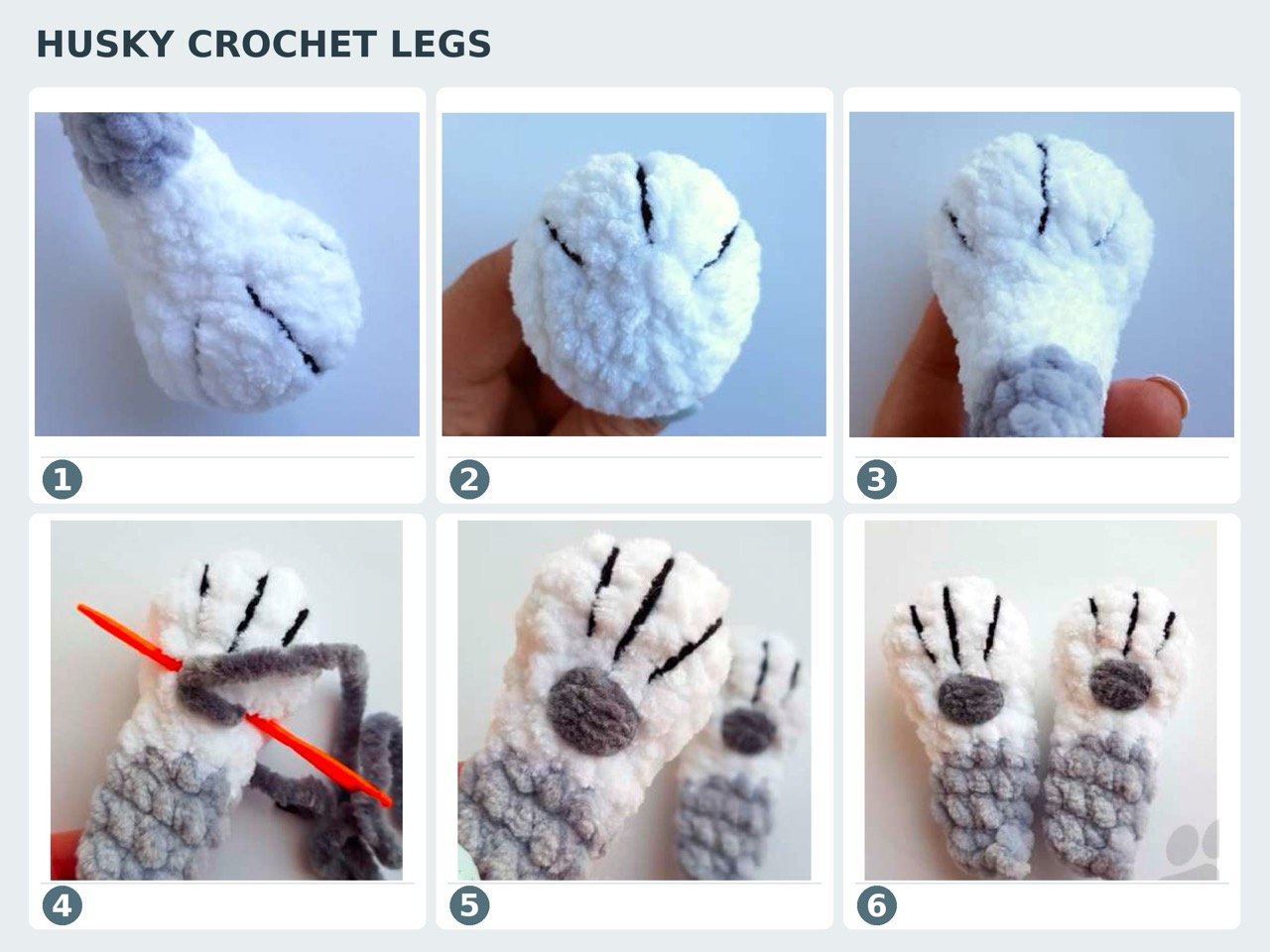 Crochet husky amigurumi pattern legs and arms steps