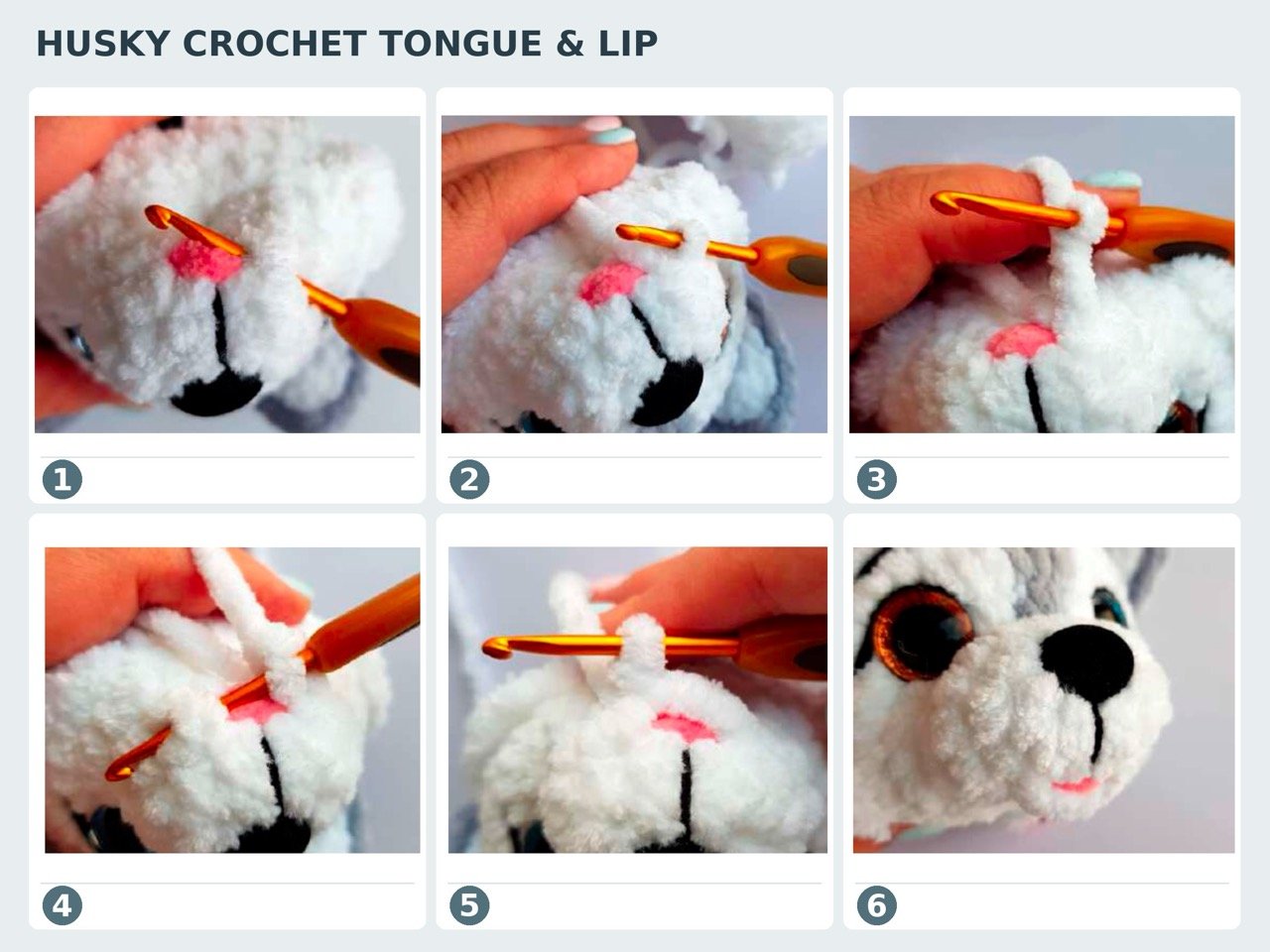 Crochet husky amigurumi pattern tongue and lip embroidery