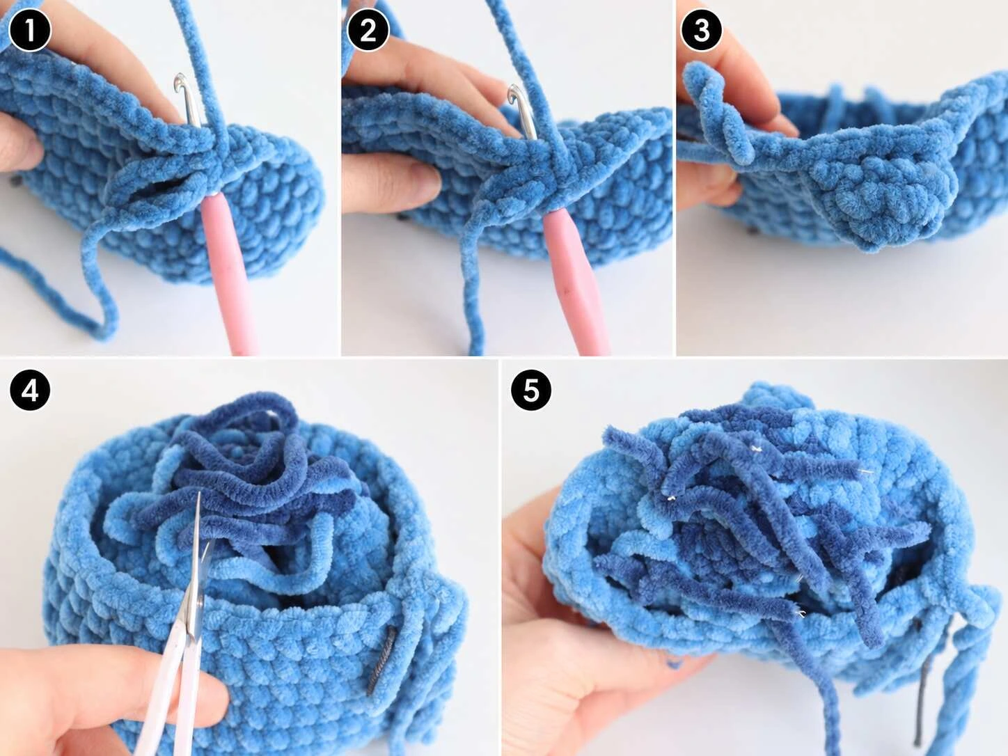 Five-panel collage showing the crocheted tail being joined into the open body with a crochet hook and the loose yarn ends visible inside the body.
