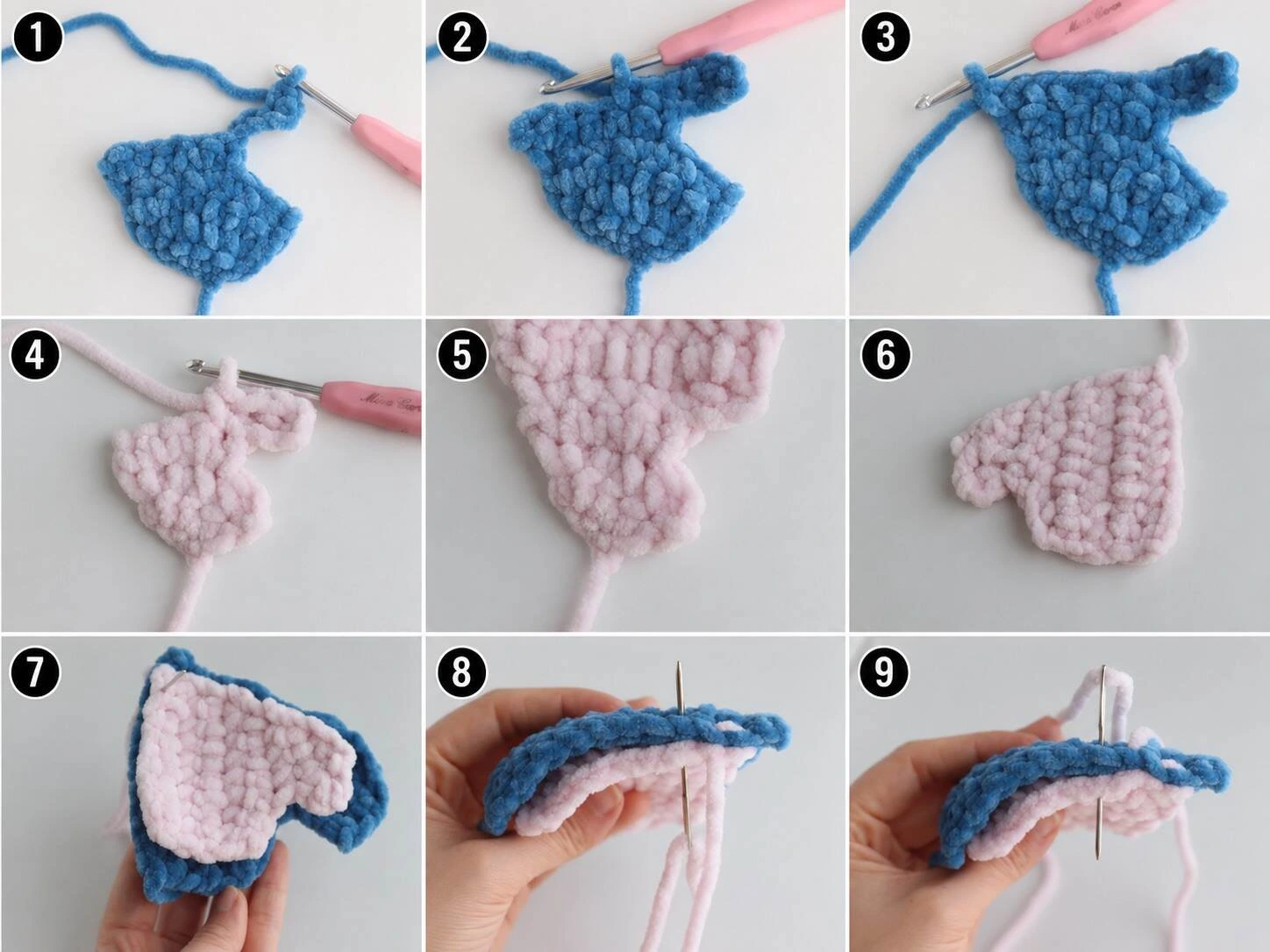 Nine-panel collage showing blue outer ear rows, pink inner ear rows, the inner ear laid over the outer ear, and the two layers pinned together for sewing.