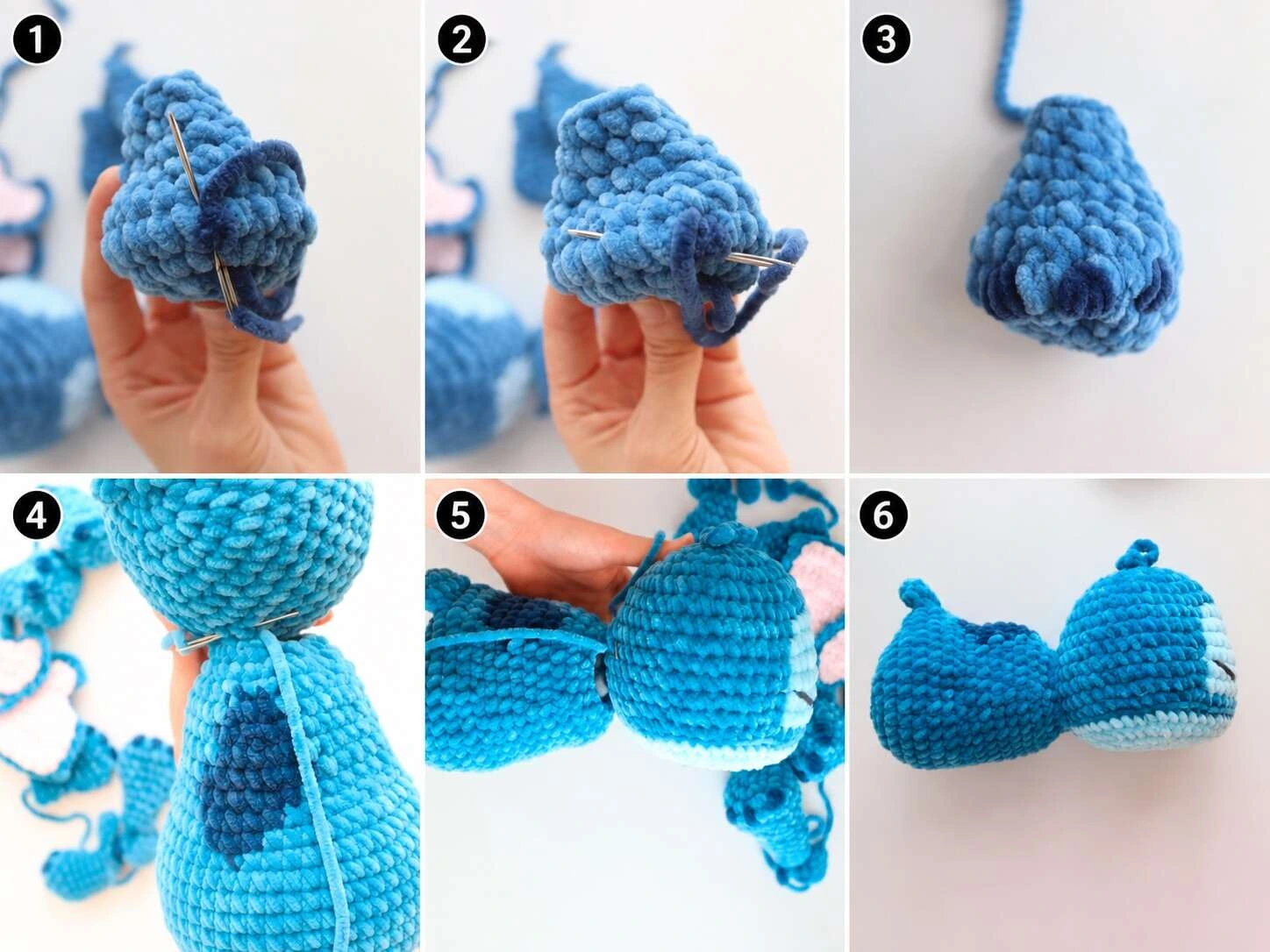 Six-panel collage showing navy yarn embroidered into claws on a crocheted foot, then pins and yarn used to sew the body to the back of the head, ending with the joined pieces.