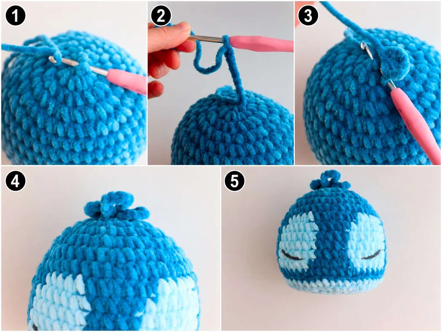 Five-panel collage showing chained hair loops being worked and slip stitched onto the top of the crocheted head, followed by the completed three-loop hair detail.