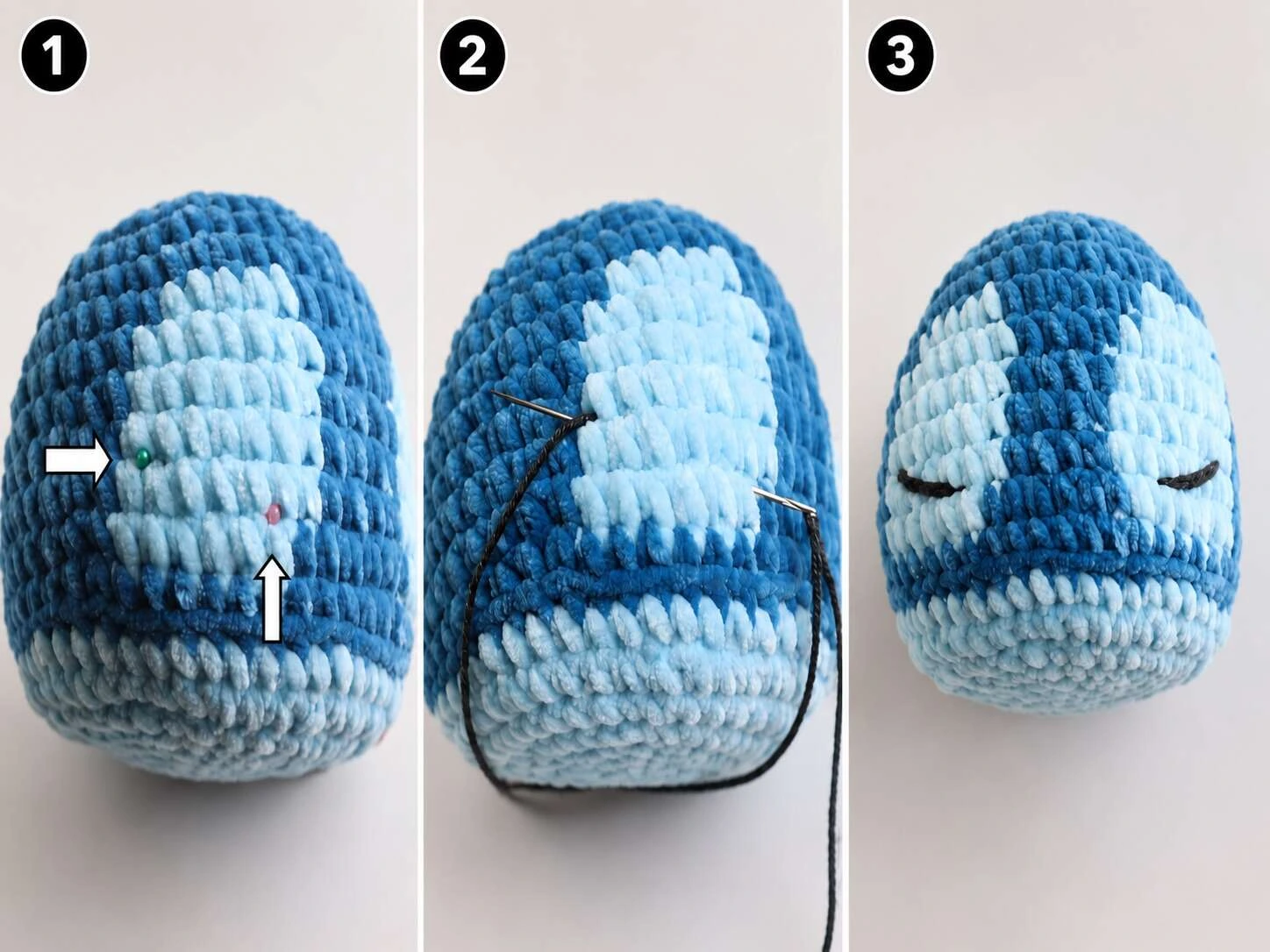 Sleepy Stitch Crochet Pattern head: eye placement markers, black-yarn eye embroidery in progress, and finished closed sleepy eyes.