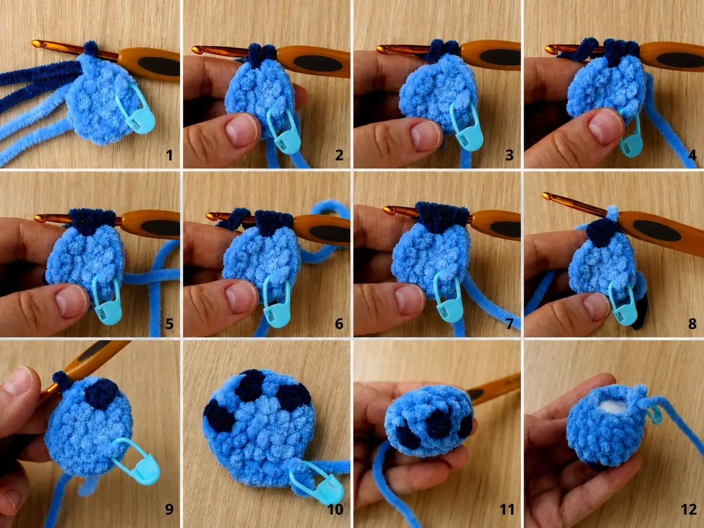 Twelve numbered crochet photos showing a blue Stitch amigurumi arm from the rounded paw and toe bobbles to the stuffed, closed top.
