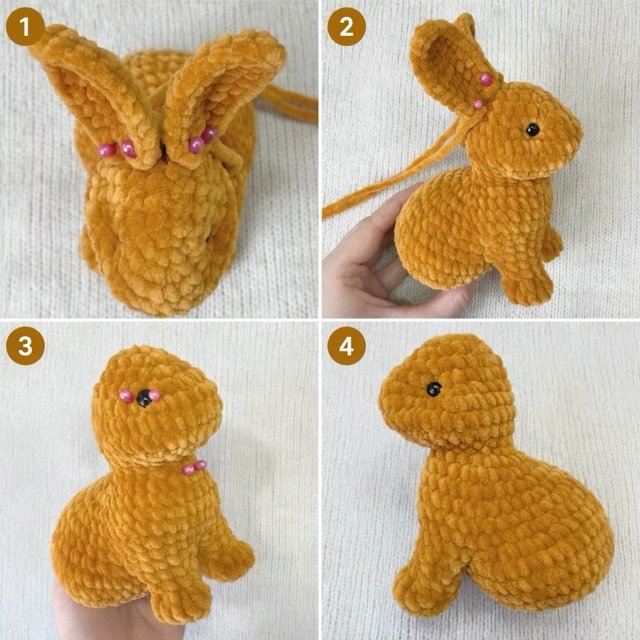 Crochet baby rabbit assembly steps showing ear placement, head shaping, and the finished toy.