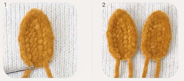 Crochet baby rabbit ears shown before and after finishing.