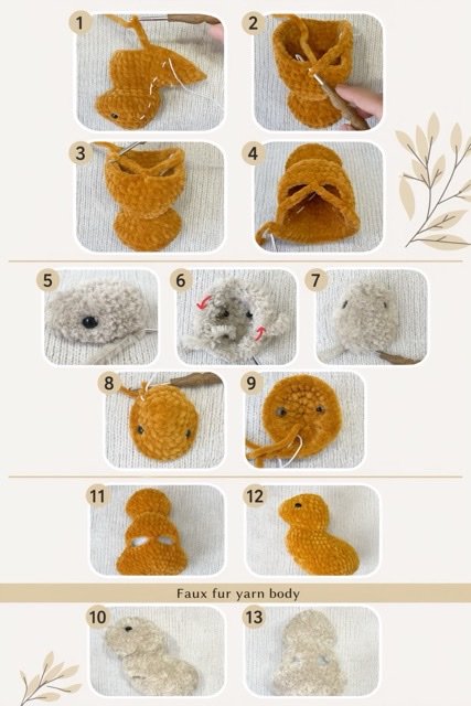 Crochet pattern baby rabbit head and body construction guide, including velvet and faux fur techniques.