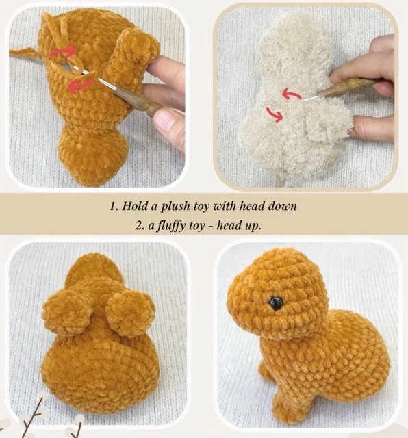 Crochet baby rabbit foreleg placement and working direction for velvet and faux fur yarn.