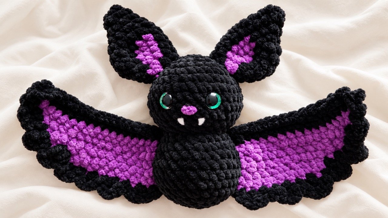 Finished QZYA crochet bat pattern in black and purple with wide wings and pointed ears