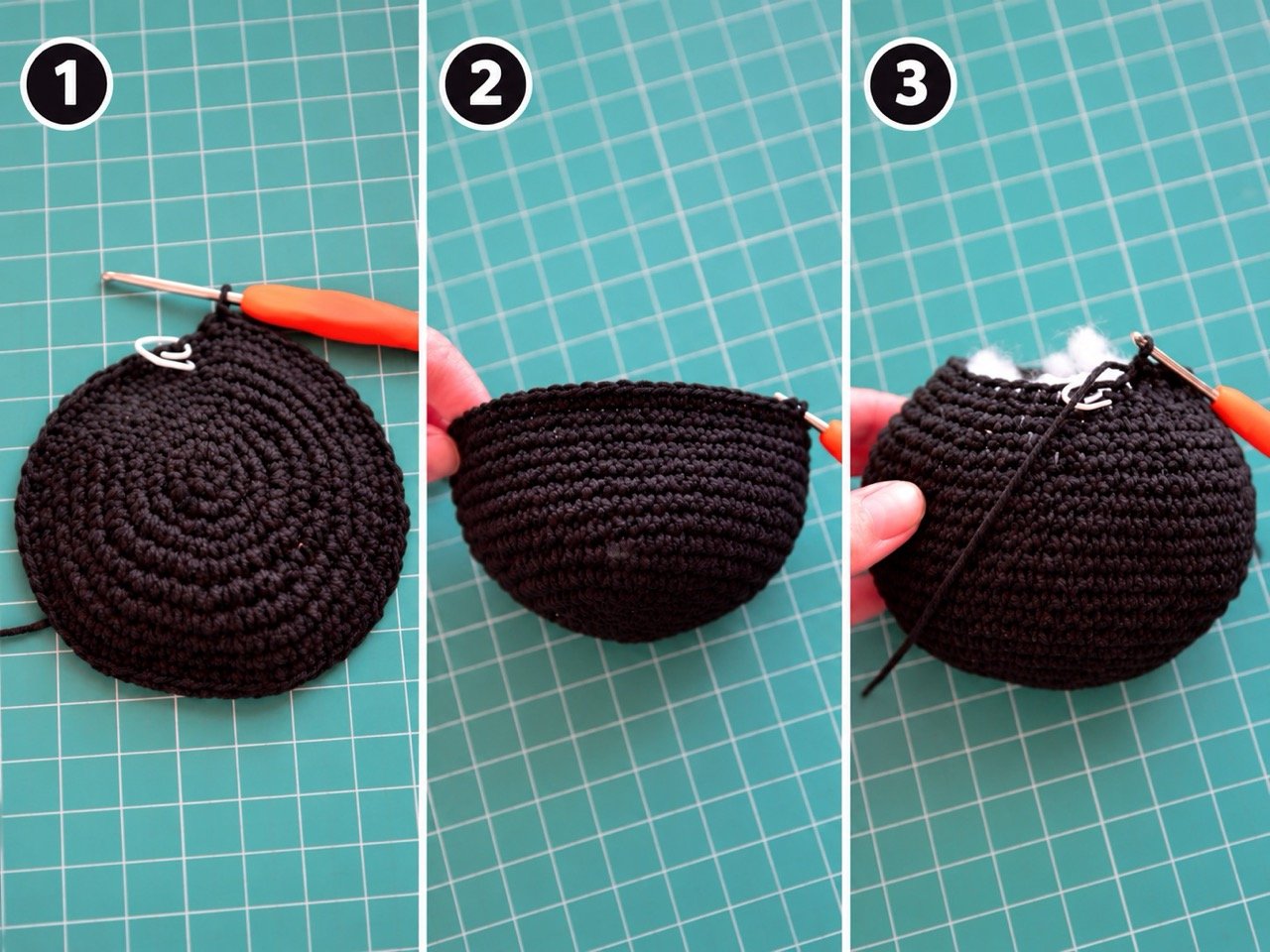 Crochet black cat pattern head in progress