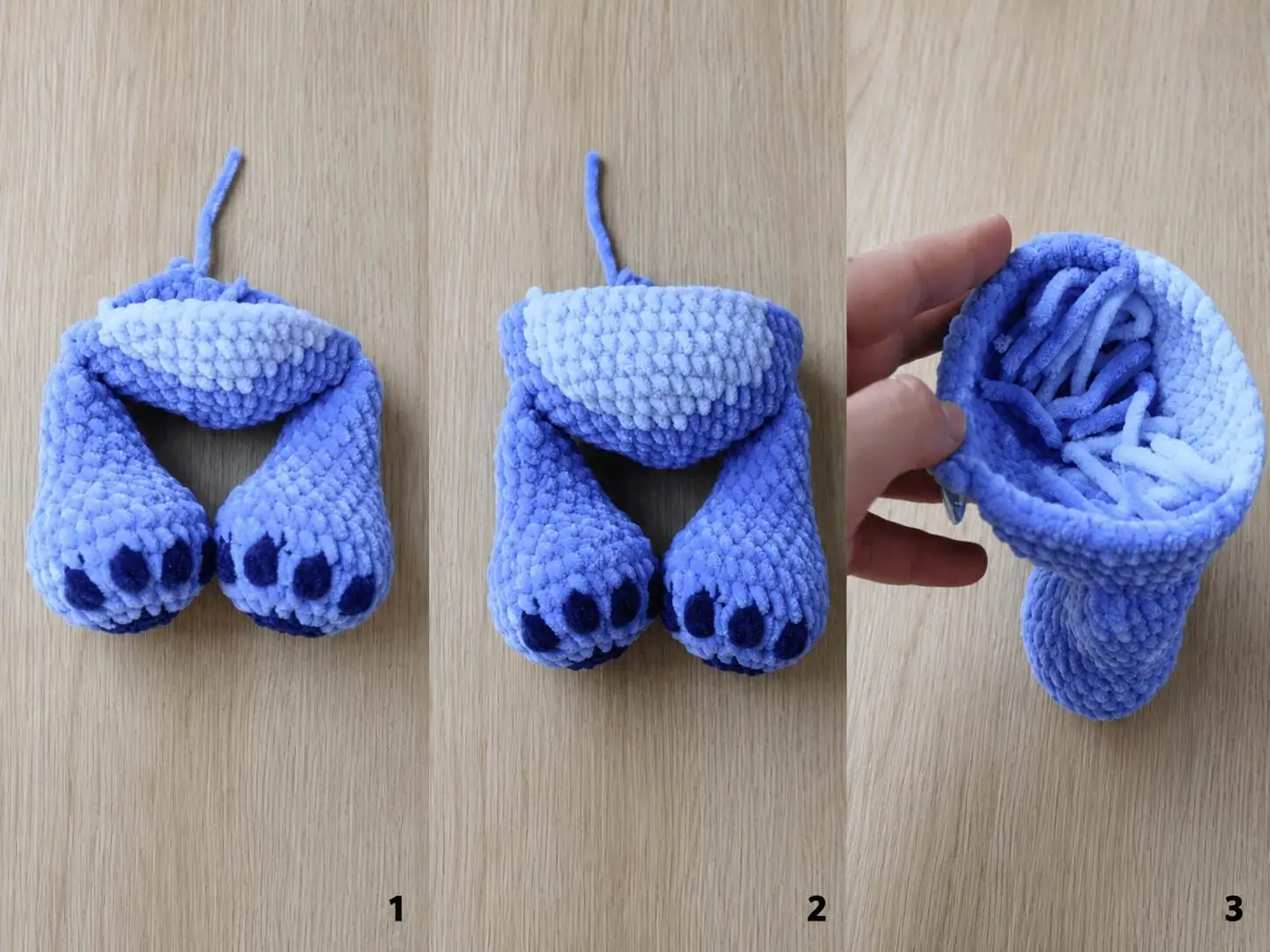 Three numbered crochet photos showing a blue Stitch amigurumi body with centred light-blue tummy panel and the open body interior before stuffing.