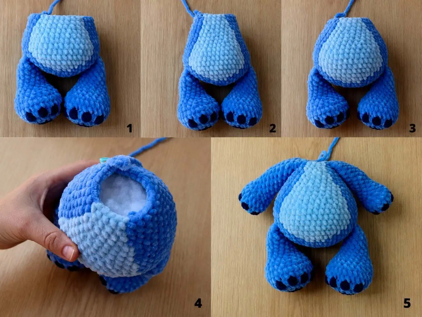 Five numbered crochet photos showing the legs attached to a blue Stitch amigurumi body, the body opening with stuffing, and the arms joined at the sides.