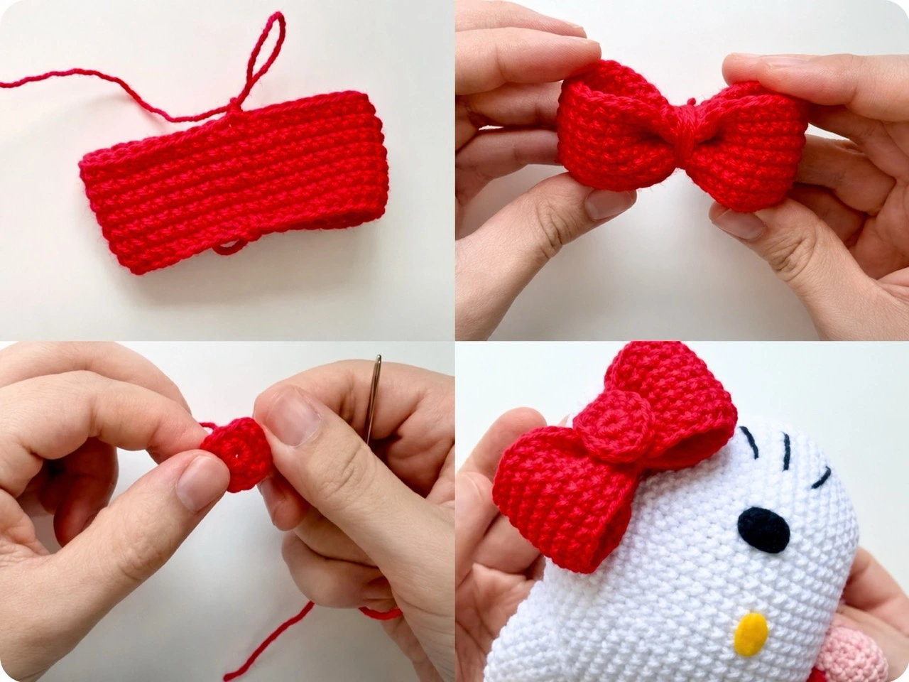 Four photo panels show the bow strip, the centre being wrapped to create the bow shape, the round centre piece being made, and the finished bow attached to the head.