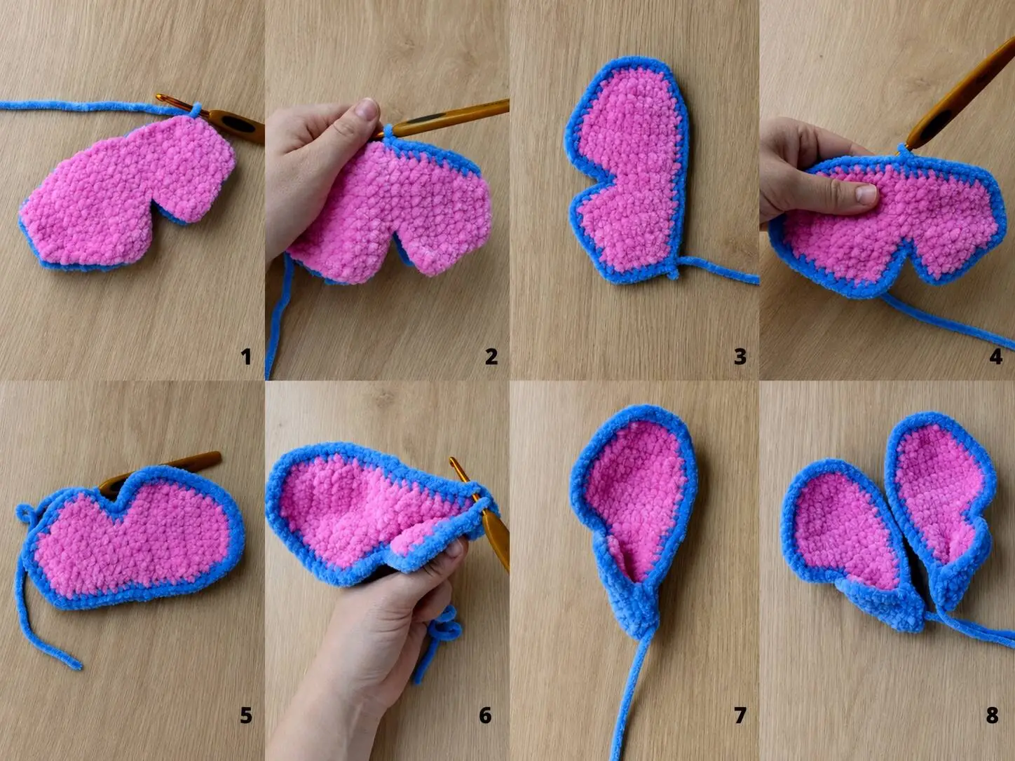 Eight numbered crochet photos showing pink inner ear panels layered with blue outer panels, edged together, folded, and finished as a matching pair.