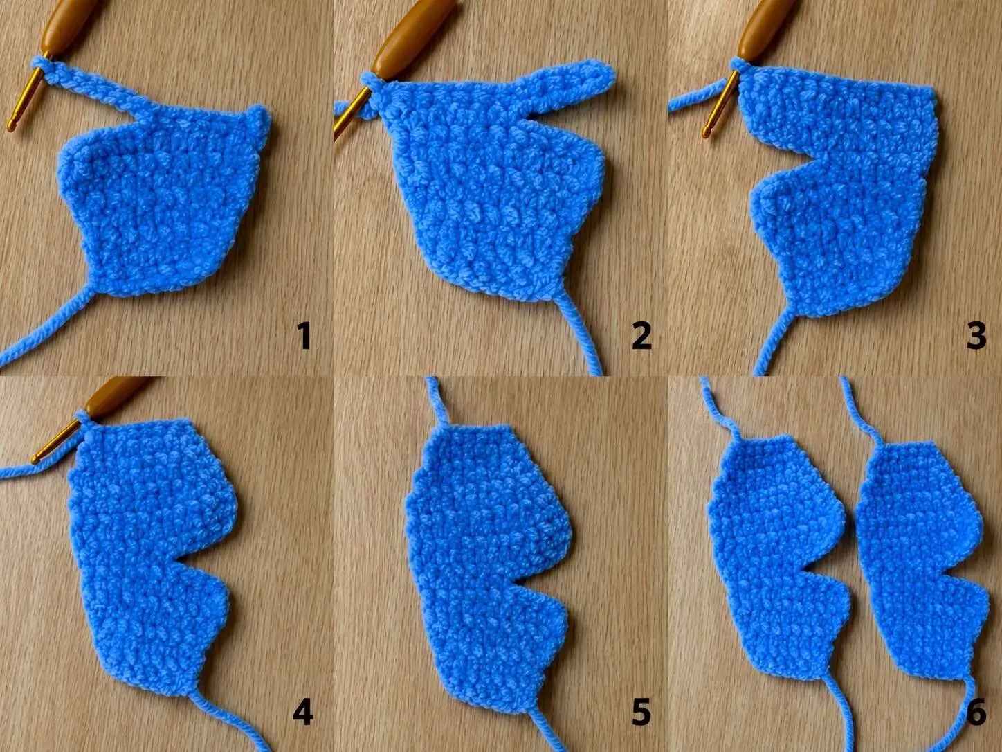 Six numbered crochet photos showing blue Stitch ear panels worked in rows and two finished mirrored outer panels with opposite-facing slits.