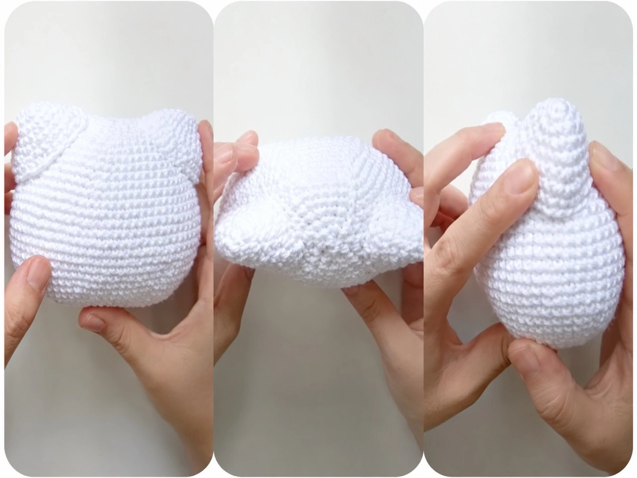 Three photo panels show the white ears positioned on the head, the lower shape of the crocheted head, and an ear being sewn securely into place.