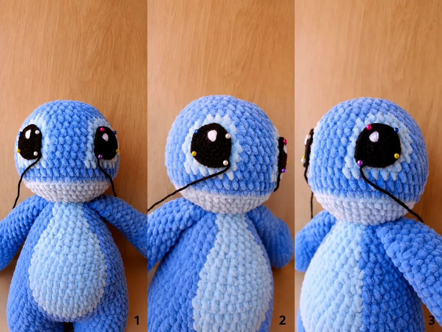 Three numbered crochet photos showing black crocheted eyes pinned and sewn to the light-blue face of a blue Stitch amigurumi.
