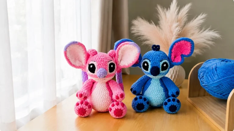 Finished pink Angel and blue Stitch crochet plushes sitting side by side on a wooden shelf