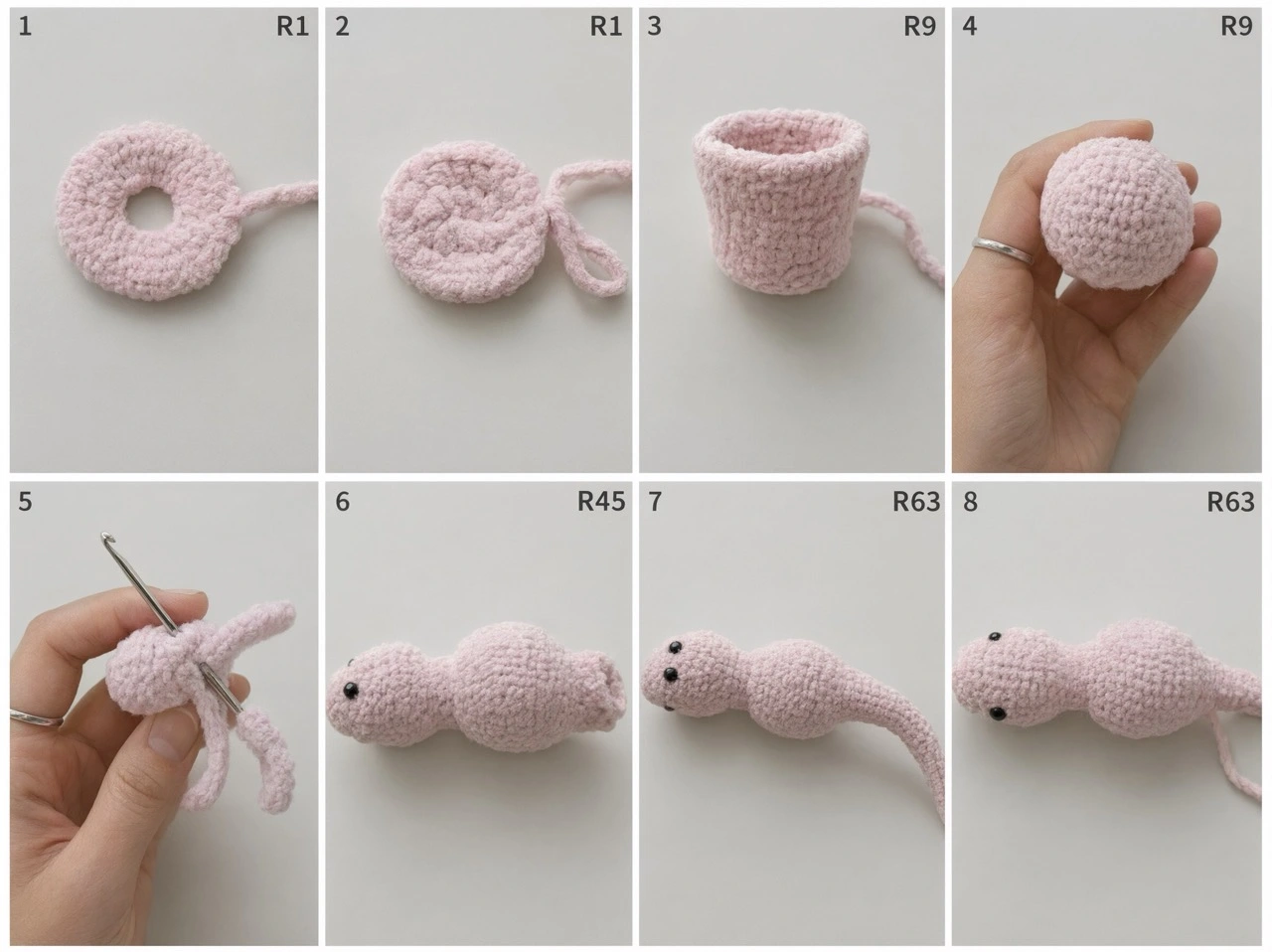 Crochet flower dragon head, body, and tail construction reference