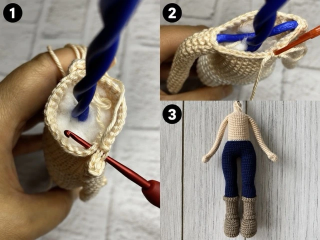 Three-step collage showing the Frieren doll body being stuffed and joined to the legs.