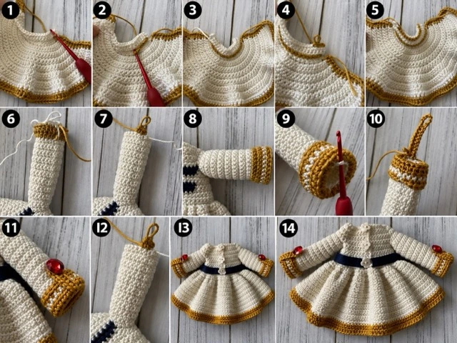 Fourteen-step collage showing the white dress and sleeves being crocheted and assembled for the Frieren doll.