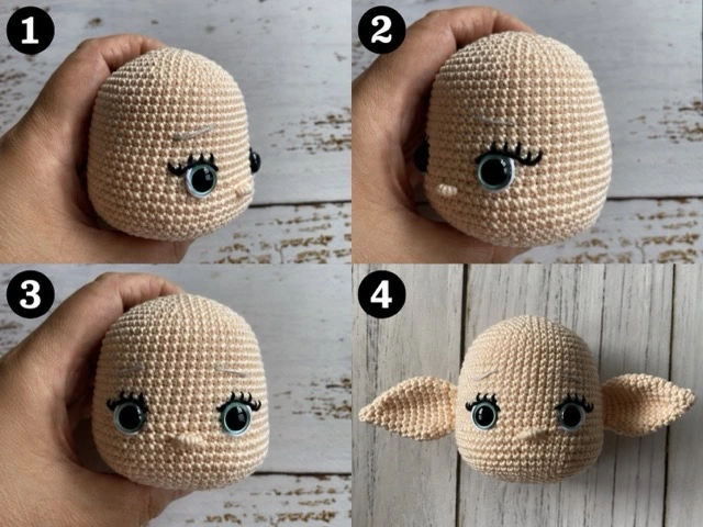 Crochet Pattern Frieren Doll face embroidery and pointed-ear placement reference.