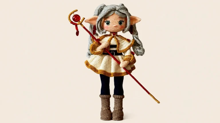Finished crochet Frieren doll with gray hair, white and mustard outfit, pointed ears, boots, and staff.