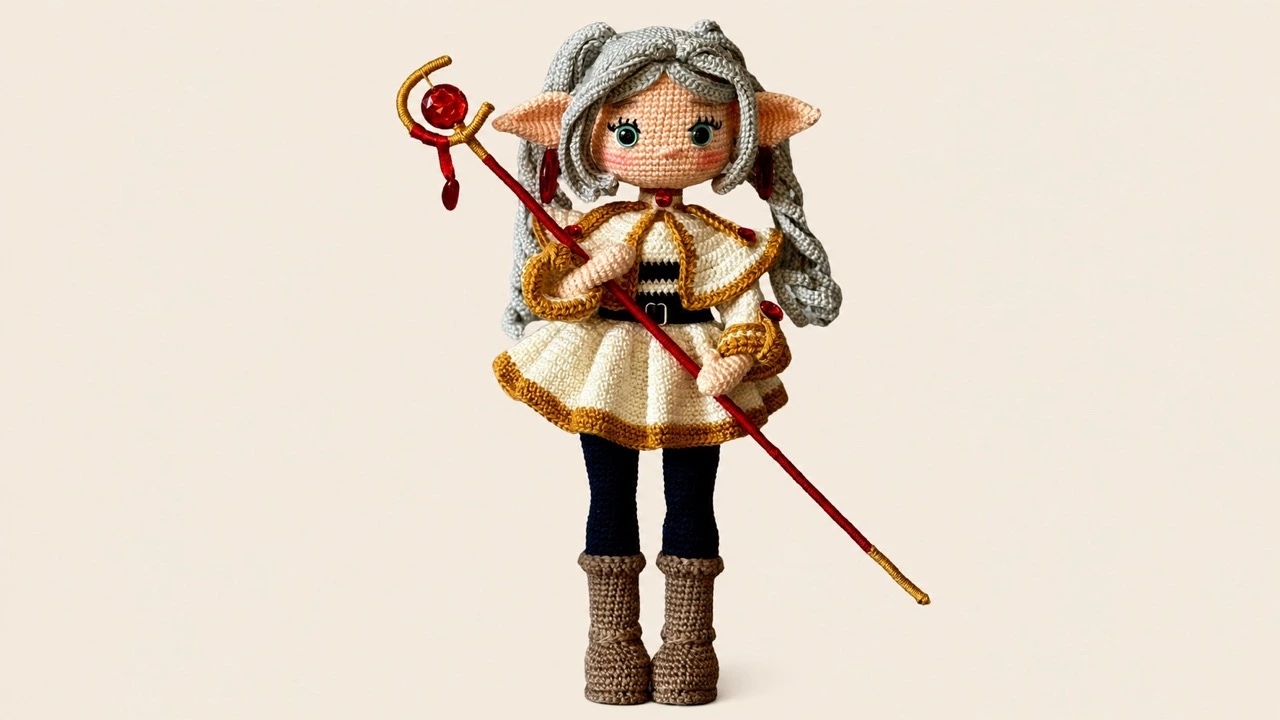 Finished crochet Frieren doll with gray hair, white and mustard outfit, pointed ears, boots, and staff.