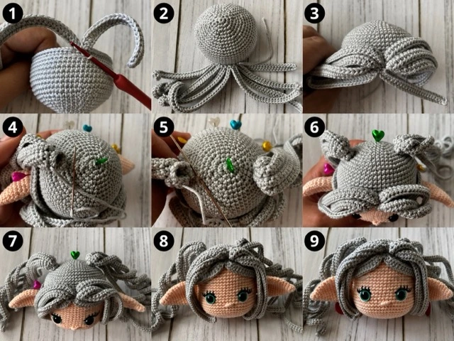 Nine-step collage showing the gray crocheted wig and ponytails being assembled on the Frieren doll.