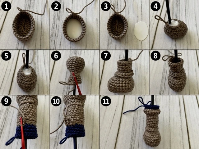 Eleven-step collage showing the crochet boot and leg construction for the Frieren doll.