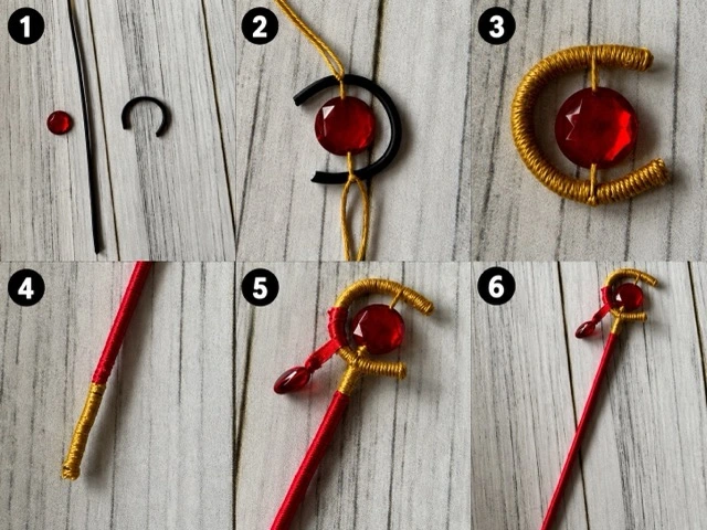Six-step collage showing the wire, red beads, and yarn wrapping used to make the Frieren doll wand.