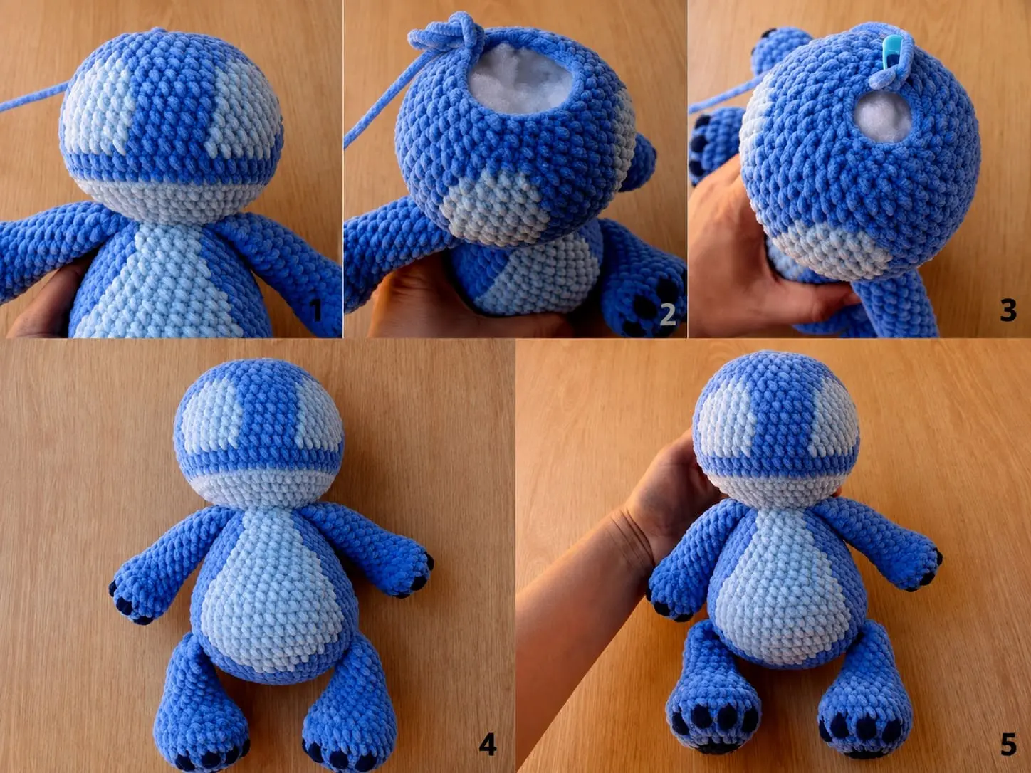 Five numbered crochet photos showing a blue Stitch amigurumi head with centred light facial area, gradual stuffing, and the closed head attached to the body.