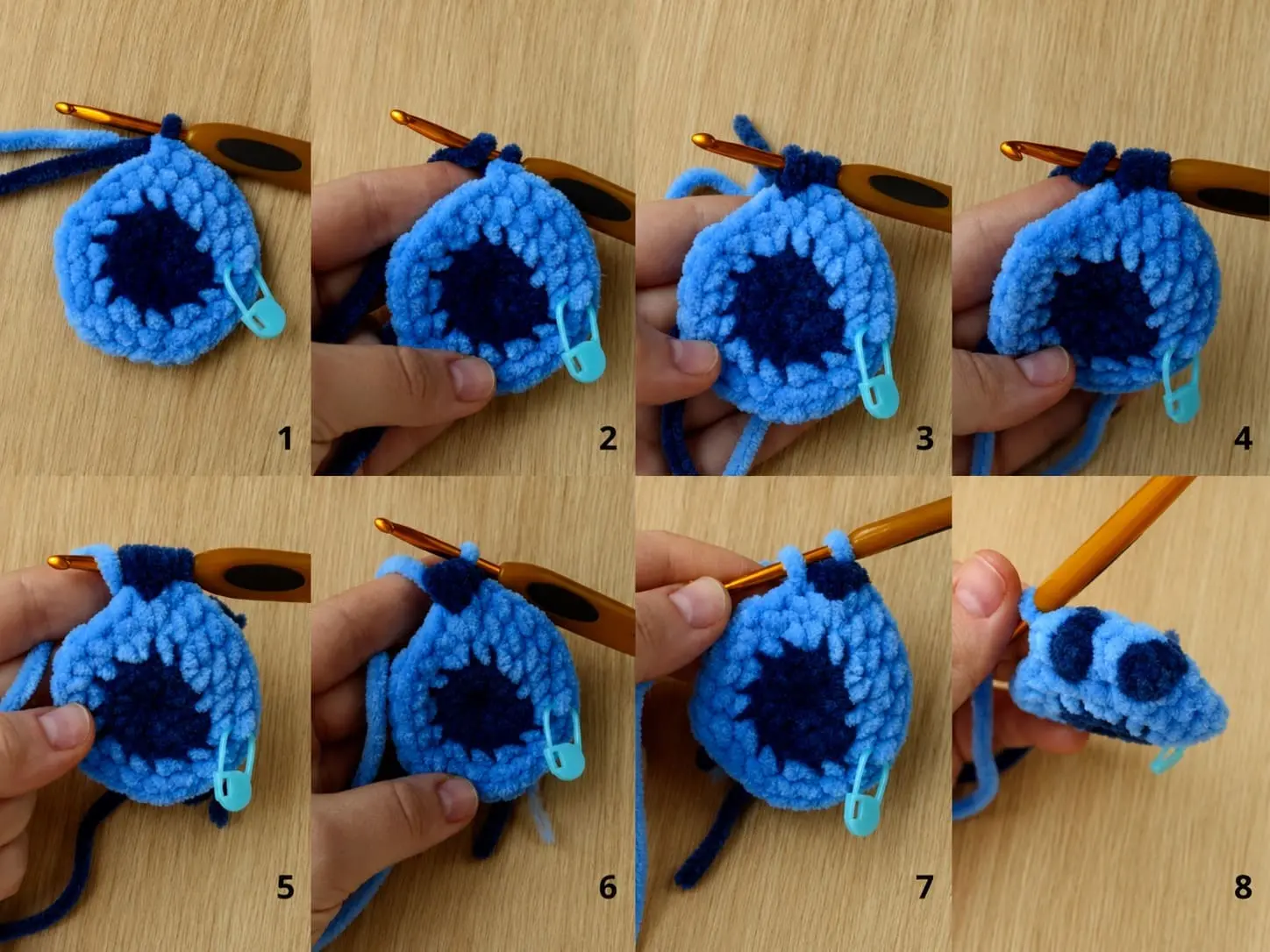 Eight numbered crochet photos showing the dark blue paw, toe bobbles, shaping, and closure of a Stitch amigurumi leg.