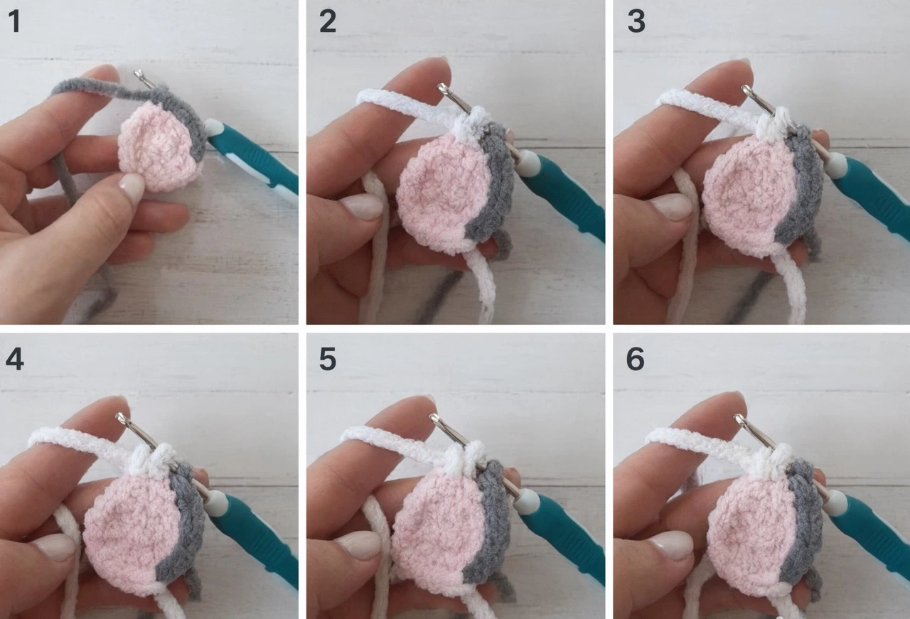 Crochet elephant arms step-by-step with pink paw pads and grey yarn