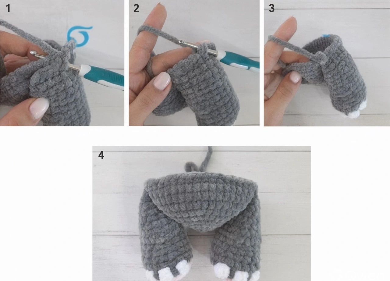 Crochet elephant body and leg join steps